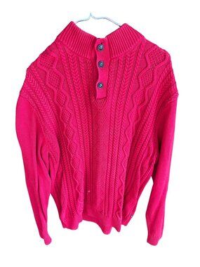 Chaps Red Cable Knit Button Up Sweater L/G 100% Cotton 32k